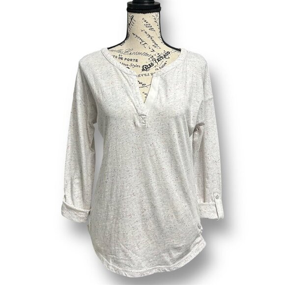 T by Talbots S Gray Speckled Cotton Split Neck Henley Roll Tab Sleeves Casual - Picture 5 of 8